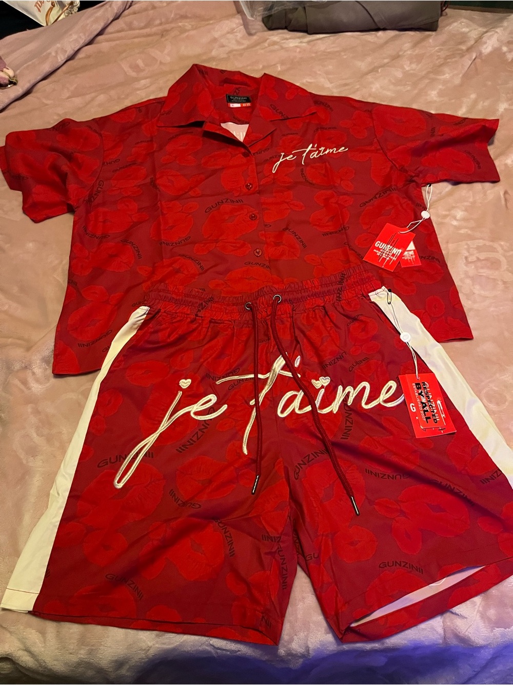 Je t'aime Red Short Sleeve Button Dress Shirt & Shorts Set